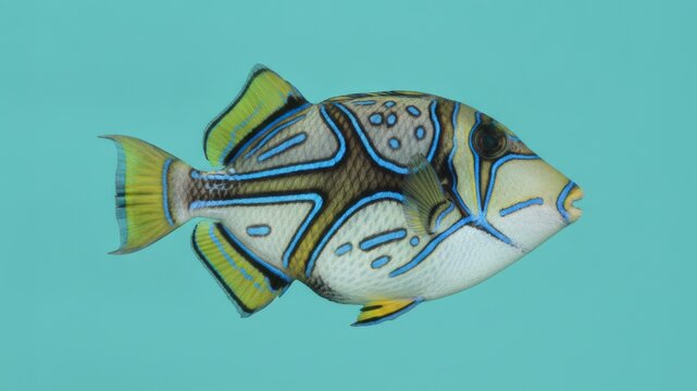 Picasso Triggerfish (Rhinecanthus aculeatus) Isolated on Bright Cyan Background