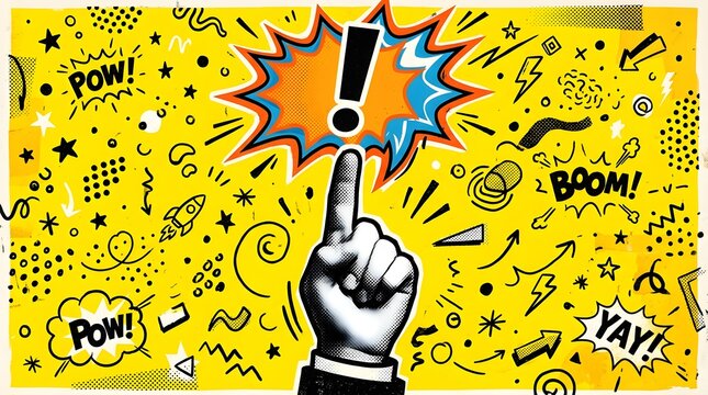 An illustrated hand pointing to an exclamation mark, surrounded by comic-style elements like POW! and BOOM! on a yellow background