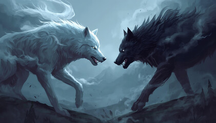 Fantasy art white wolf fight black wolf in the jungle © Pemuda