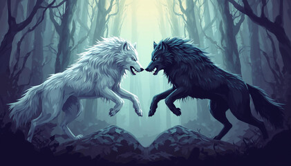 Fantasy art white wolf fight black wolf in the jungle © Pemuda