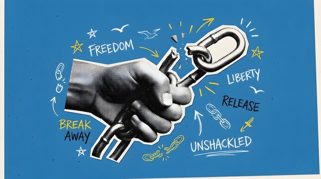 A hand breaking a chain to symbolize freedom, liberty, and release, with inspirational words surrounding it