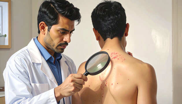Doctor examining skin lesion on patient's back with magnifying glass