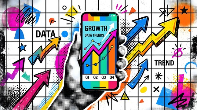A hand holding a smartphone displaying a growing graph of Growth Data Trends, surrounded by colorful arrows and doodle-style elements on a grid background. This visual represents business growth.