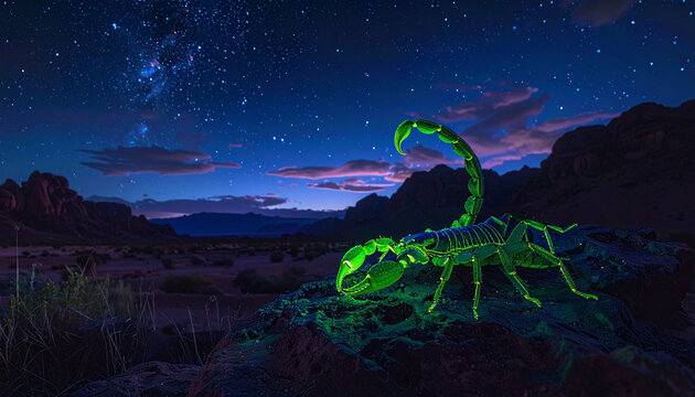Glowing green scorpion under starry night sky in desert landscape