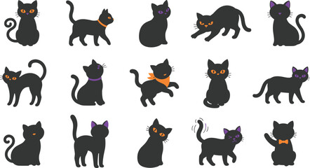 Minimalist Halloween black cat icon set featuring cute spooky feline characters for holiday decorations seasonal branding and festive illustrations © Mahfujahmmed