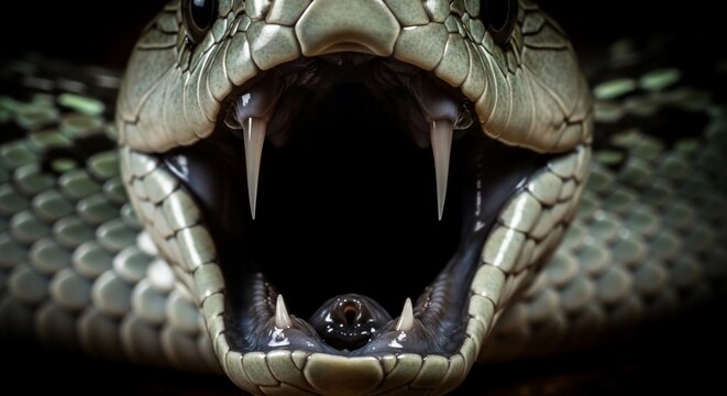 Snake with open mouth and sharp fangs closeup