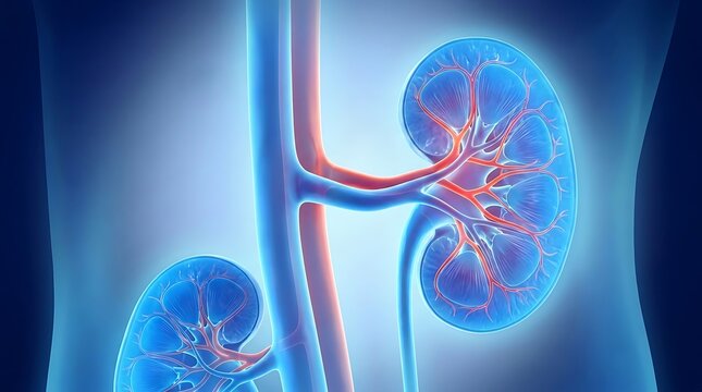 Medical illustration of human kidneys with internal blood vessels and anatomy structure on a dark blue background