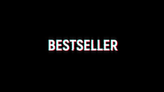 bestseller text glitch animation for special hot deal product title on black background. new release word bestseller glitch marketing promotion advertisement 4k video