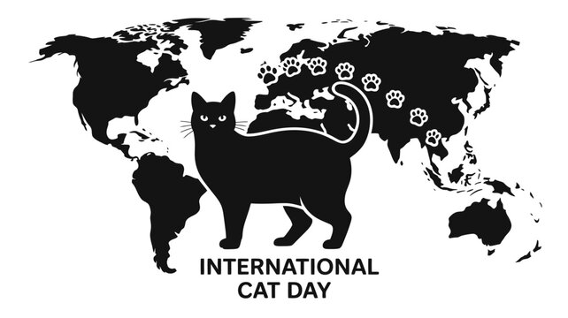 Black cat on world map for international cat day