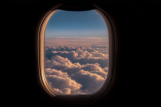 An aerial view of fluffy clouds and blue sky framed by the oval window of an aircraft
