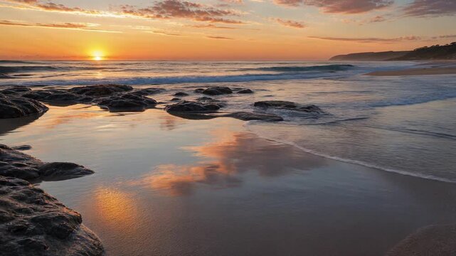 Sunset over a rocky beach with waves gently washing ashore