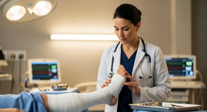 Doctor wrapping bandage on patient's arm in hospital
