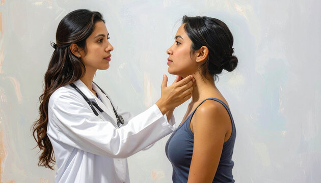 Doctor examining female patient's neck in medical setting