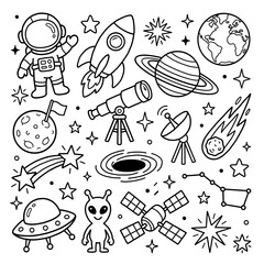 Space and astronomy theme black and white coloring page doodle set featuring astronaut rocket ship planet saturn telescope alien and ufo © Hasnah
