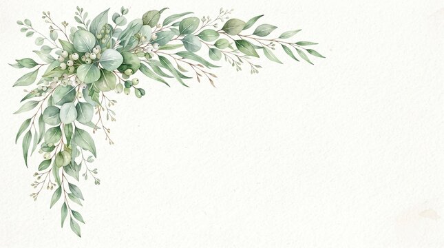 Watercolor corner border frame with green eucalyptus leaves and branches. Greenery clipart for wedding invitation, greeting cards, save the date, stationery design. Hand drawn illustration. 