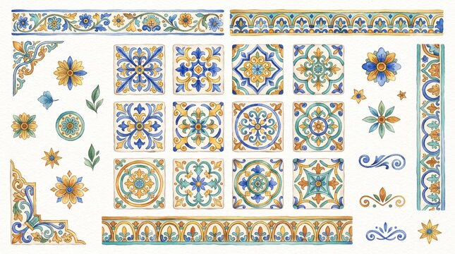 Watercolor decorative Mediterranean tiles elements set. Ornamental design for wrapping paper, textiles, postcards, stationery, borders.