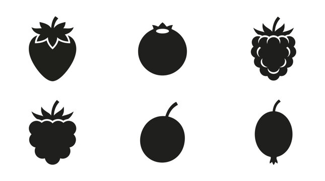 Flat vector icon set featuring six berries: Strawberry, Blueberry, Raspberry, Blackberry, Cranberry, Gooseberry, monochrome solid silhouette