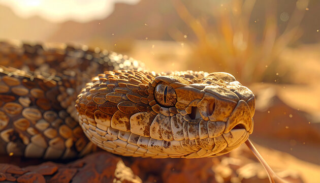 Desert rattlesnake coiled on rocky terrain