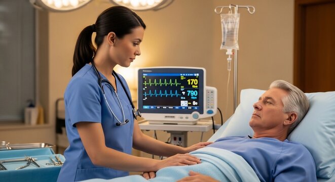 Nurse attending to patient in hospital room with medical equipment