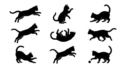 Obraz premium Black Cat Silhouettes Collection, Playful Feline Poses Vector Set, Domestic Animal Icons for Design Projects
