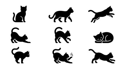 Obraz premium Set of Nine Black Cat Silhouettes, Diverse Poses: Sitting, Walking, Jumping, Stretching, Sleeping, Running, Playing, Vector Icons for Pet Lovers, Animal Graphics