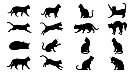 Obraz premium Diverse Cat Silhouettes Collection: 16 Black Feline Poses Vector Set for Graphic Design, Pet Lovers, and Animal Graphics