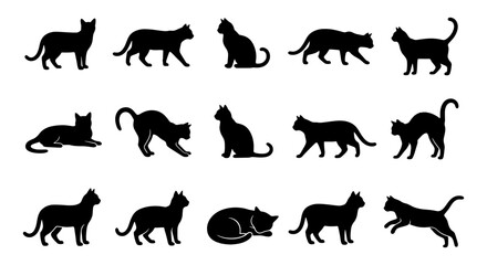 Fototapeta premium Black Cat Silhouettes Vector Set: Diverse Poses, Domestic Feline Icons for Graphic Design, Pet Lovers, and Animal Graphics
