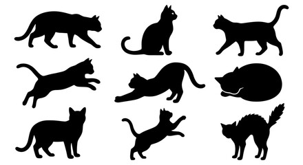 Fototapeta premium Diverse Black Cat Silhouettes Collection, Domestic Feline Poses Vector Set, Elegant Animal Icons for Pet Lovers and Design Projects