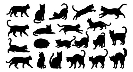 Obraz premium Diverse Cat Silhouettes Collection, Black Feline Poses Vector Pack, Domestic Animal Icons for Pet Lovers and Design Projects