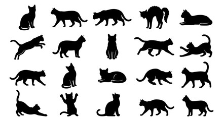 Fototapeta premium Diverse Black Cat Silhouettes Vector Pack, 20 Feline Poses Collection, Elegant Animal Icons for Graphic Design and Pet Branding