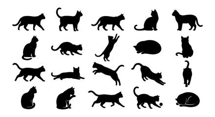 Obraz premium Diverse Cat Silhouettes Collection, 25 Black Feline Poses Vector Art, Domestic Animal Icons for Pet Lovers and Design Projects