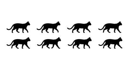 Obraz premium Set of 8 Black Cat Silhouettes, Walking Feline Icons, Minimalist Animal Graphics, Vector Art for Pet Lovers and Wildlife Themes