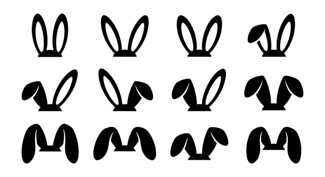 Collection of 12 Black Bunny Ear Icons, Easter Holiday Vector Graphics, Cute Animal Ears Set for Festive Design and Celebration