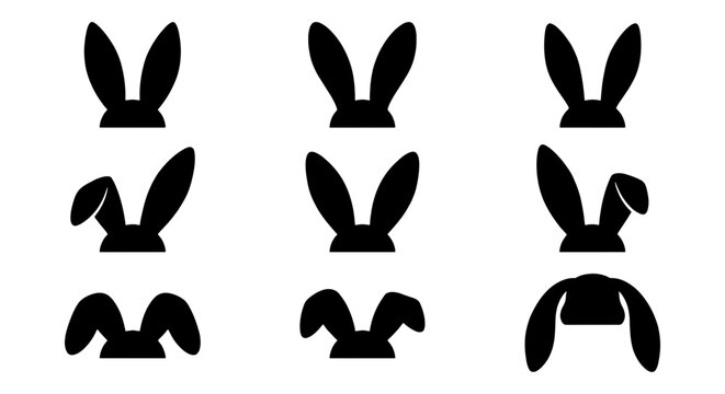 Black Silhouette Bunny Ears Vector Icons, Cute Rabbit Head Accessories, Festive Easter Holiday Symbols, Spring Celebration Graphics, Simple Animal Shapes