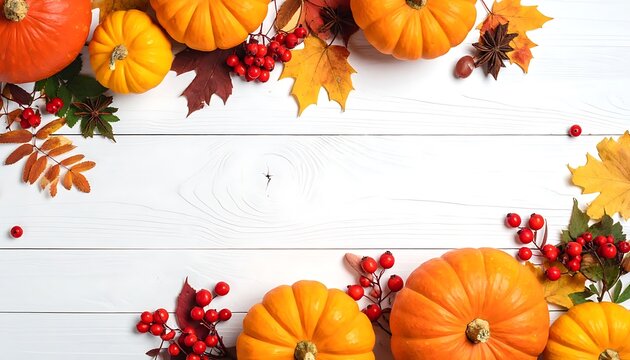 Autumn harvest border with pumpkins, fall leaves, and berries on a rustic white wood background, Thanksgiving and Halloween celebration elements