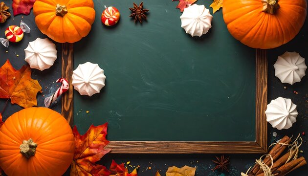 Autumn harvest flat lay with pumpkins, colorful fall leaves, meringue cookies, and candy on a dark textured surface, copy space on chalkboard