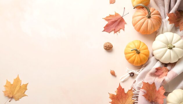 Autumn harvest flat lay with pumpkins, fall leaves, and textured blanket, seasonal decor and cozy atmosphere, autumn background for Thanksgiving and fall holidays