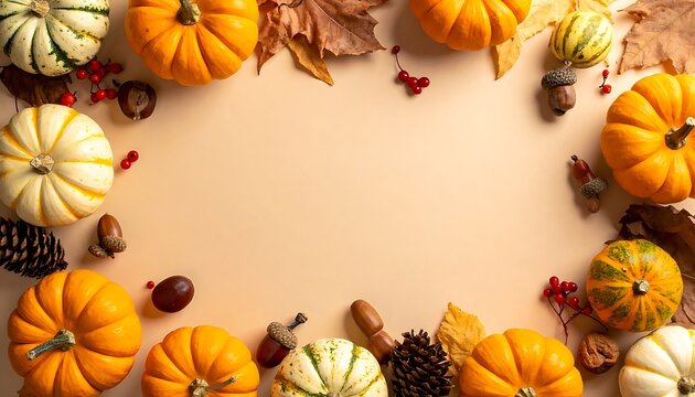 autumn harvest frame with assorted pumpkins gourds acorns and fall leaves, thanksgiving or halloween border with copy space
