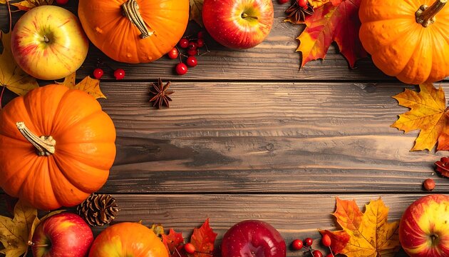 Autumn harvest frame with pumpkins, apples, and colorful fall leaves on rustic wooden background, festive thanksgiving concept
