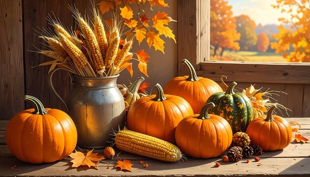 Autumn harvest still life with pumpkins, corn and wheat in a metal jug, rustic wooden table, fall foliage and trees visible through window