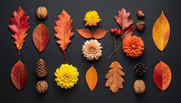 Autumnal flat lay of colorful fallen leaves, dahlia flowers, nuts, and pinecones arranged in a pattern on a dark background, seasonal harvest and fall nature theme