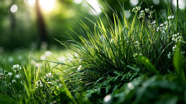 Vibrant Green Grass Field Bathed in Golden Sunlight with Bokeh Effect