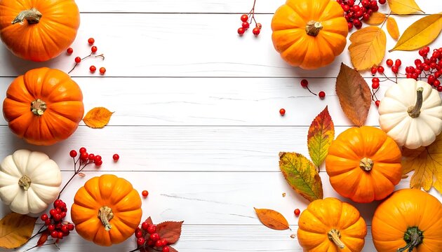 Autumnal harvest composition with pumpkins, gourds, and fall leaves, festive thanksgiving background with copy space