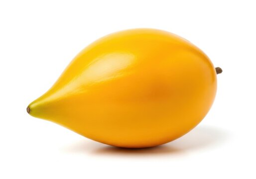 Single ripe yellow lucuma fruit isolated on white background