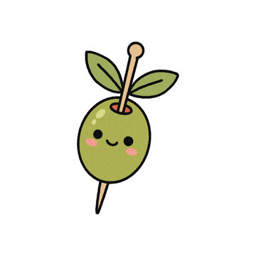 Green olive vector illustration cute cocktail olive character on toothpick for appetizer design