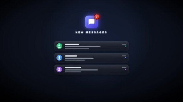 Social media new message notification popup alerts stacking on dark interface