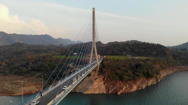 High angle aerial tracking over the Atal Setu bridge deck in Basohli India.