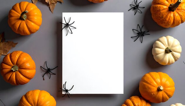 Blank white paper surrounded by mini pumpkins, dried leaves, and black plastic spiders on a gray background, overhead view, Halloween theme
