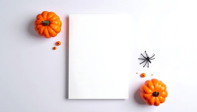 Blank white paper surrounded by small pumpkins and a spider decoration, ideal for halloween invitations or seasonal designs