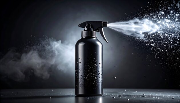 Black spray bottle dispensing a fine mist of white particles in a dramatic, dark, atmospheric setting, isolated on a reflective surface
